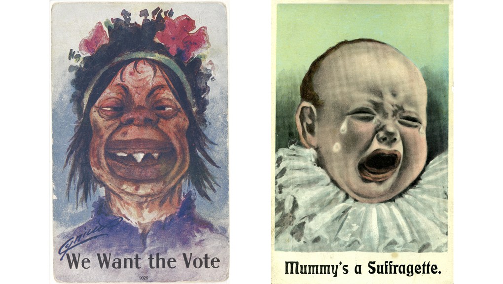 Anti-suffrage posters depicting women as monsters and a baby crying with the caption "mummy's a suffragette"