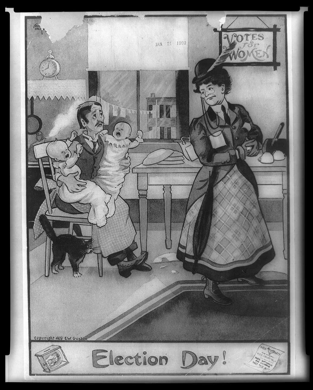 Poster with caption "election day!" as a woman leaves the house with her husband holding crying babies