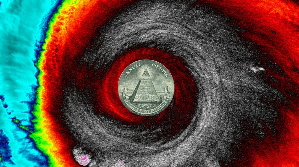 A radar shot of a hurricane with the pyramid from the US dollar in the center