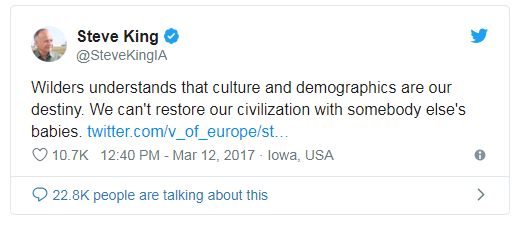 Screenshot of a steve king tweet saying "we can't restore our civilization with someone else's children"